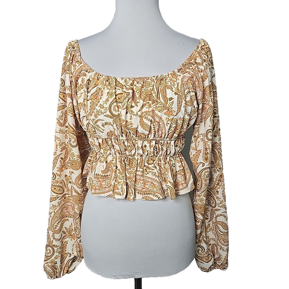 WAYF Gold Paisley‎  Long Puff Sleeve Elastic Crop Top Off-Shoulder  Size XS